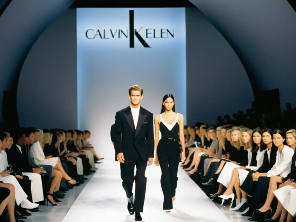 Desfile de moda de la colección Calvin Klein años 90, con modelos en diseños minimalistas en blanco y negro, transmitiendo elegancia atemporal