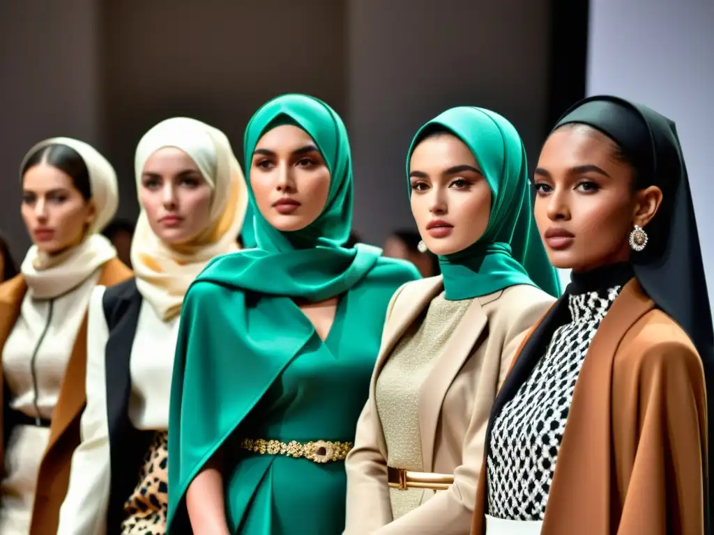 Desfile de moda en París con modelos en elegantes hijabs, desafiando la moda islámica en pasarelas occidentales