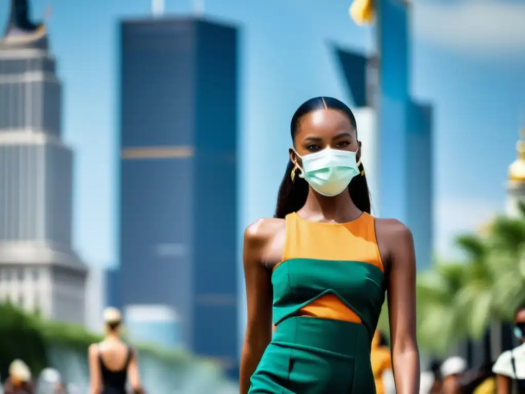 Desfile de moda con modelos luciendo elegantes mascarillas y PPE, en una ciudad durante la pandemia