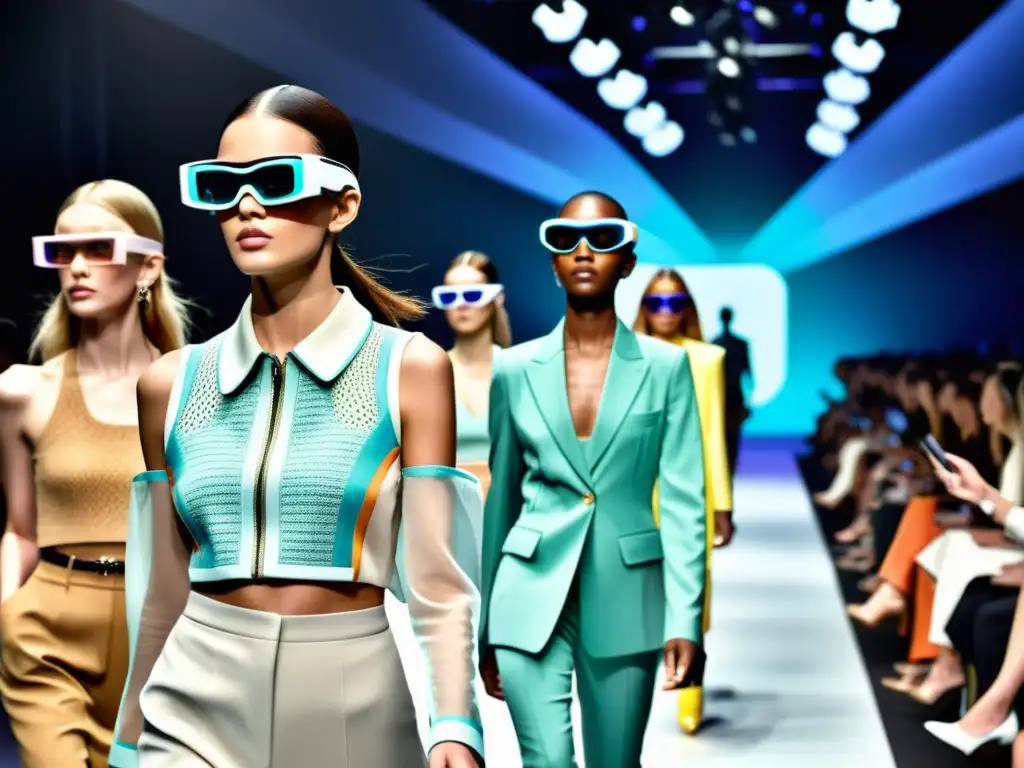 Desfile de moda con modelos usando gafas de realidad aumentada, vistiendo prendas virtuales