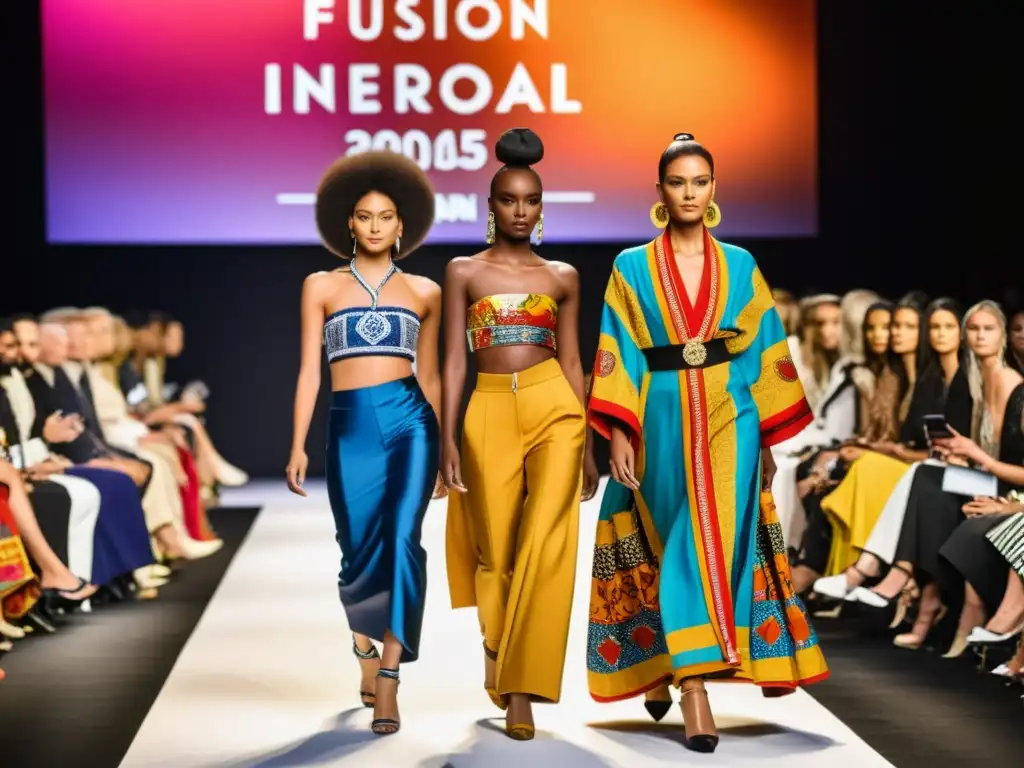 Un desfile de moda con modelos diversos vistiendo prendas tradicionales y modernas, simbolizando la influencia de movimientos globales en la moda