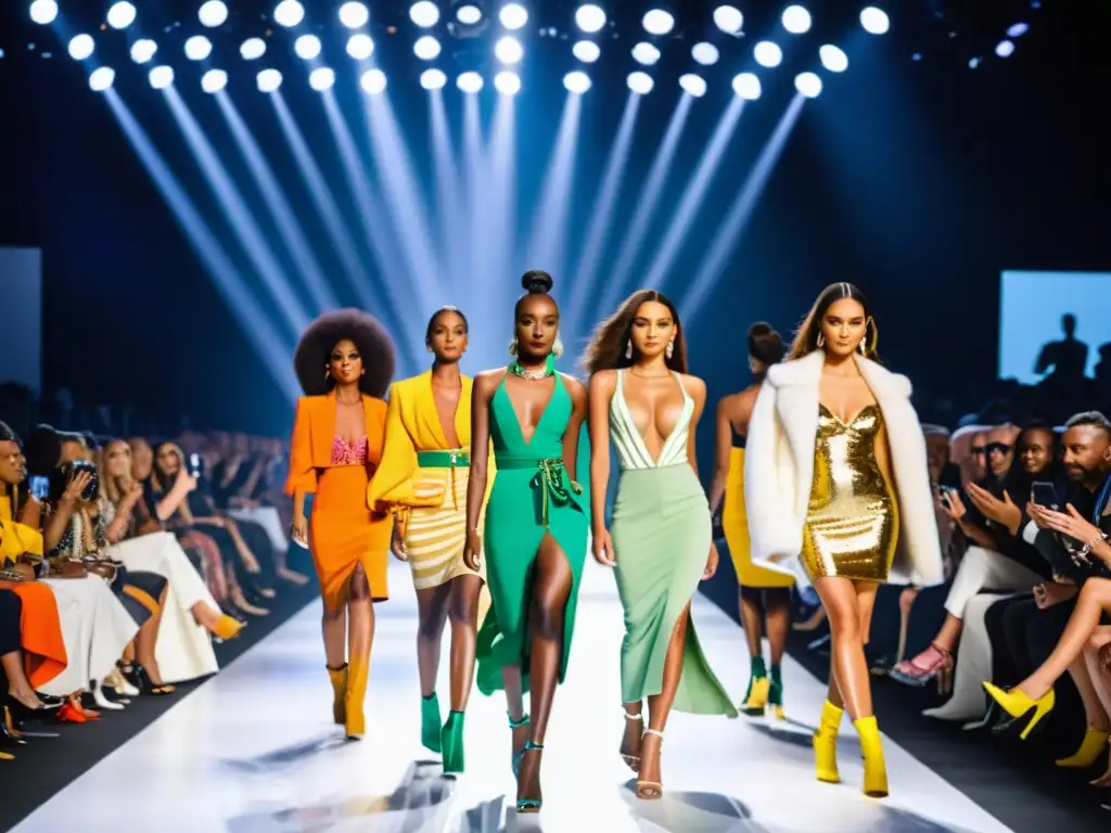 Desfile de moda con modelos diversos luciendo prendas de alta costura, mientras la audiencia aplaude y toma fotos