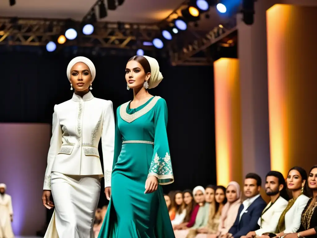 Desfile de moda musulmana en el escenario global con modelos y atuendos elegantes en un evento multicultural