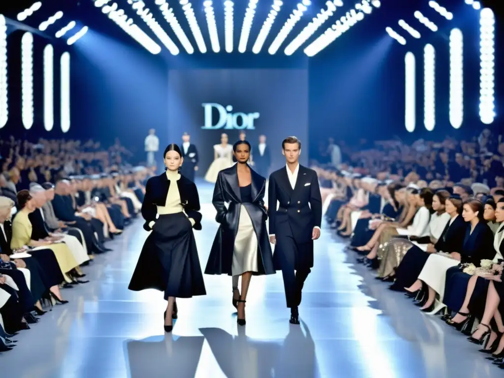 Desfile de moda en postguerra con la impactante colección 'New Look' de Christian Dior, mostrando su influencia en la moda de la época