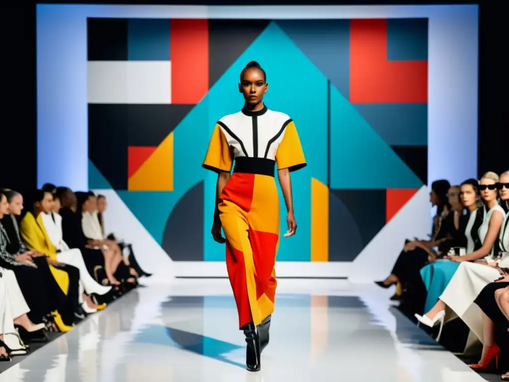 Desfile de moda con prendas inspiradas en la influencia de la Bauhaus en la moda, con diseños vanguardistas y colores llamativos