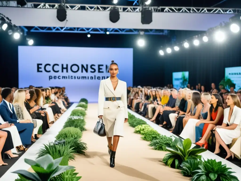 Desfile de moda con prendas sostenibles y público comprometido con Retos ambientales en las Semanas de Moda