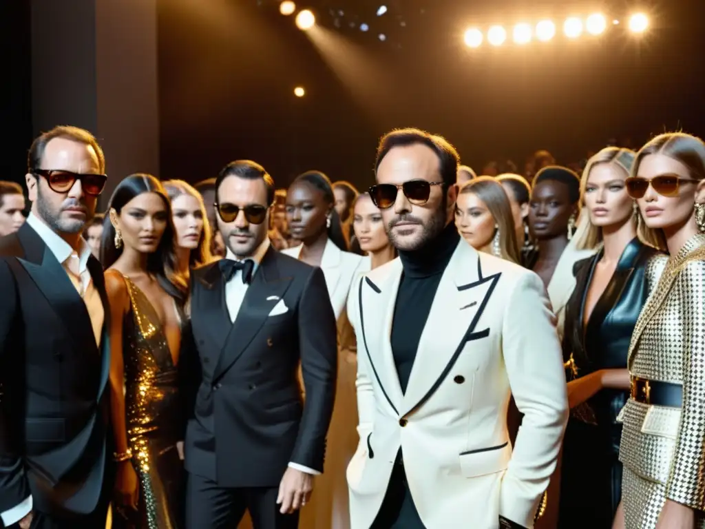 Tom Ford en desfile de moda Gucci, marcando el renacimiento de la marca con su colección revolucionaria