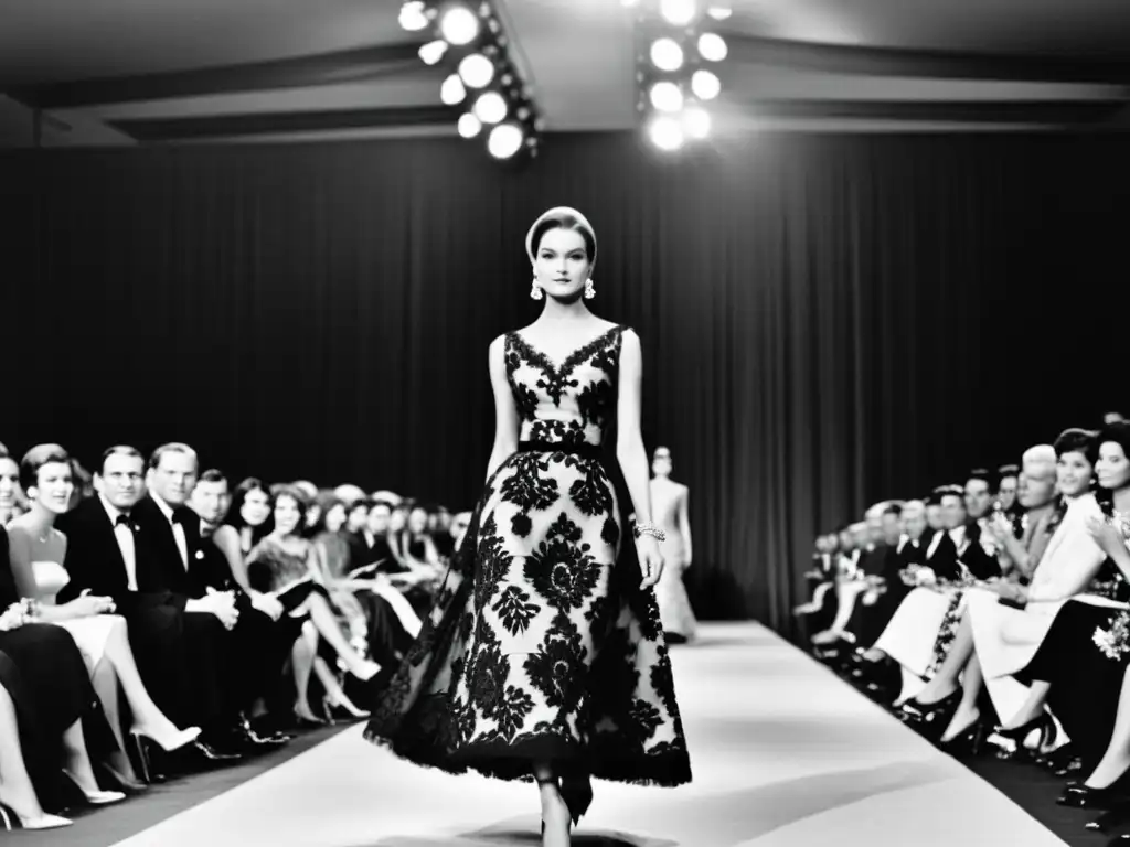 Desfile de moda de Oscar de la Renta en los años 60, con un elegante vestido de noche y una modelo segura y grácil en la pasarela