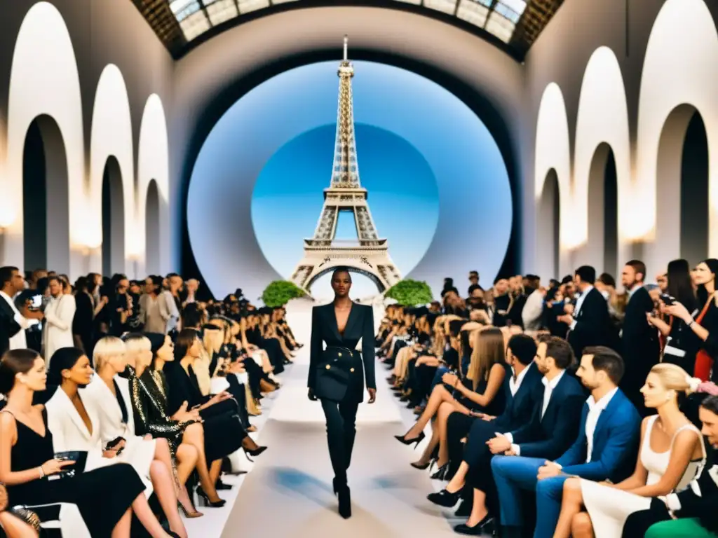 Desfile de moda en París durante la Semana de la Moda, con diseñadores, modelos y fotógrafos