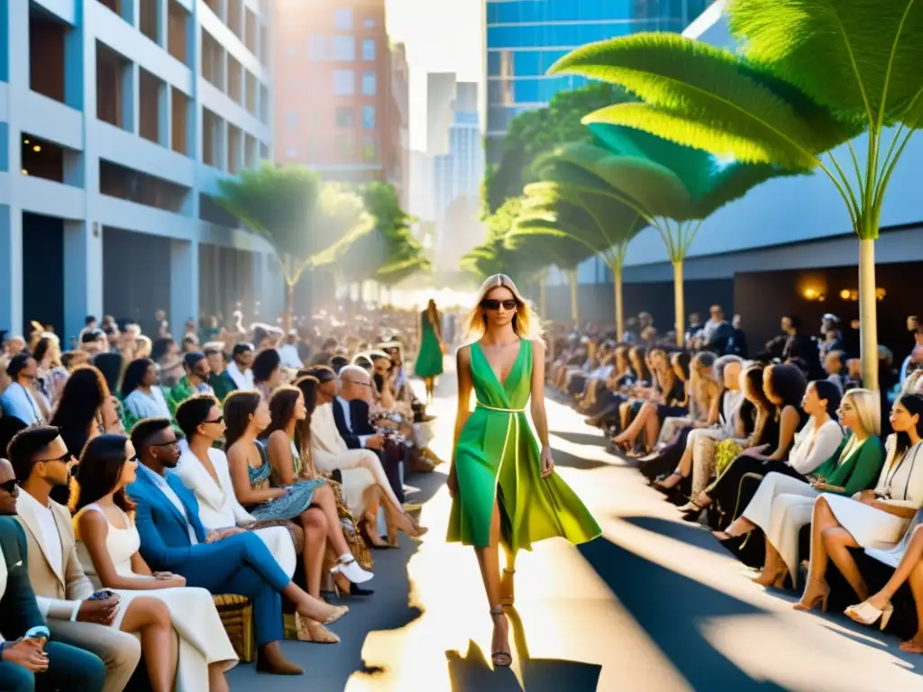 Un desfile de moda sostenible en una bulliciosa calle de la ciudad, celebra la fusión de moda y conciencia ambiental en el siglo XXI