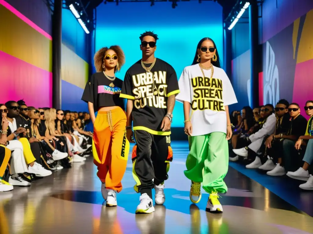 Desfile de moda urbana con influencia del reguetón, modelos lucen prendas llamativas y accesorios urbanos en un vibrante escenario urbano
