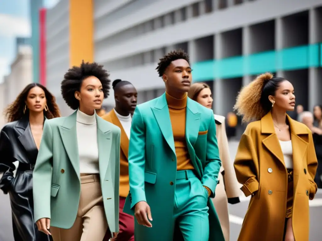 Un desfile de moda urbana muestra la popularización de la moda unisex con diseños atrevidos y modelos seguros de sí mismos en la bulliciosa ciudad