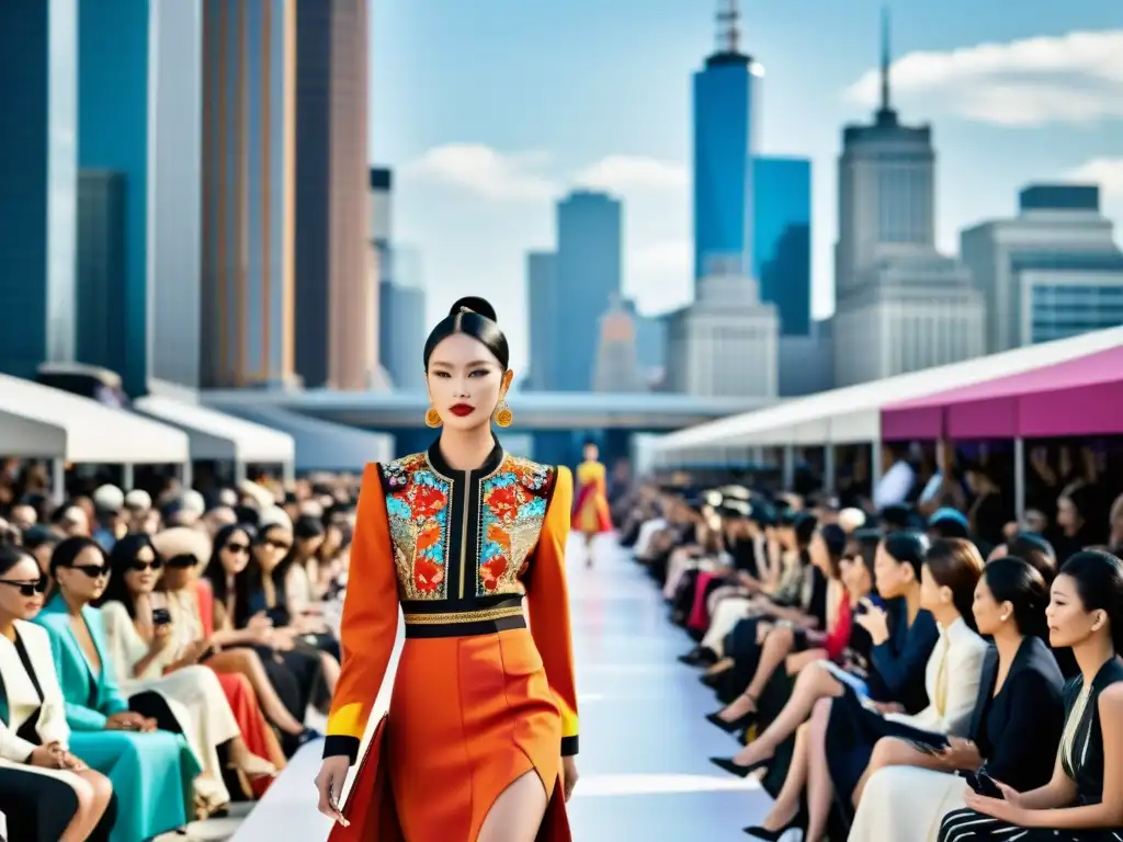 Desfile de moda vibrante con influencia asiática en ciudad occidental, impacto de moda asiática en pasarelas occidentales