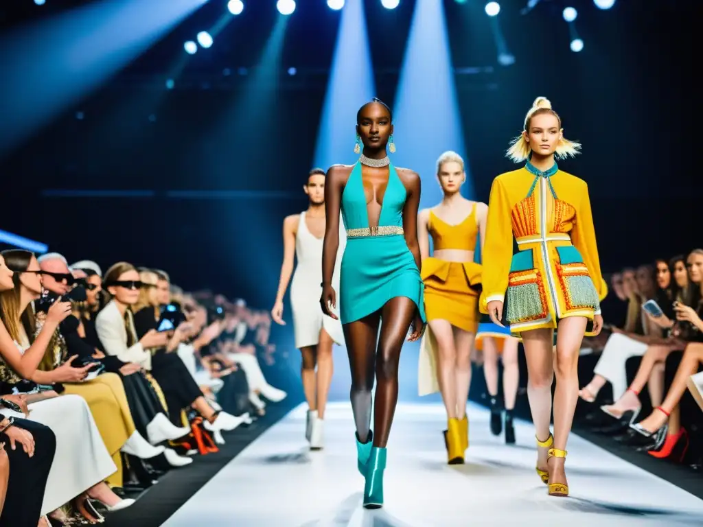 Desfile de moda vibrante con modelos luciendo diseños innovadores y la audiencia cautivada
