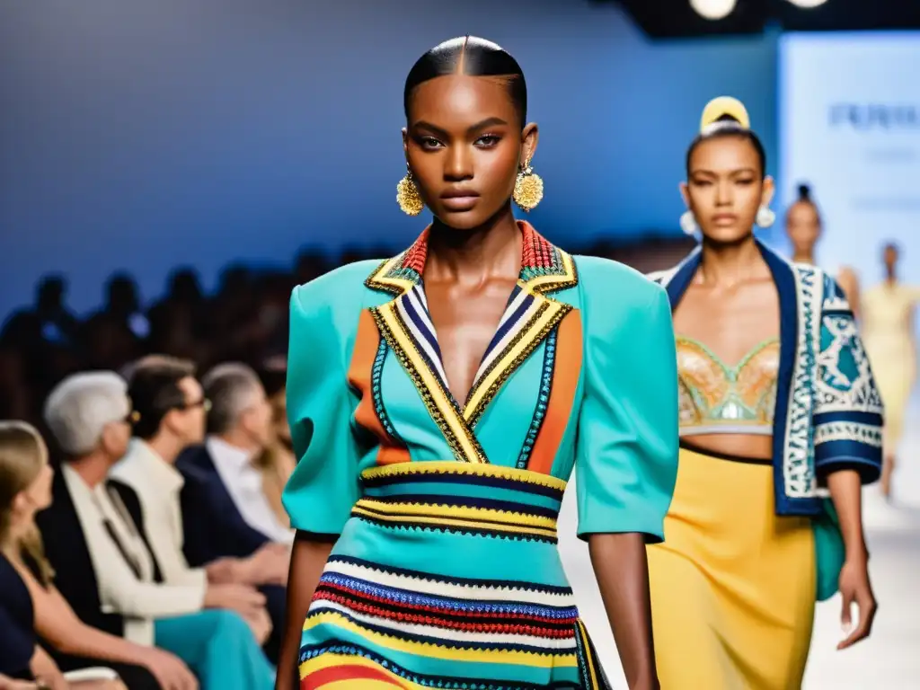 Desfile de moda con vibrantes colores y detalles, fusionando arte y moda