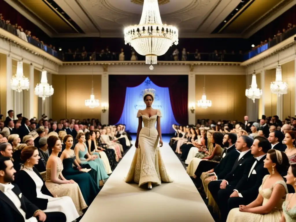 Desfile de moda vintage con modelos luciendo trajes victorianos, chandeliers y espectadores admirando