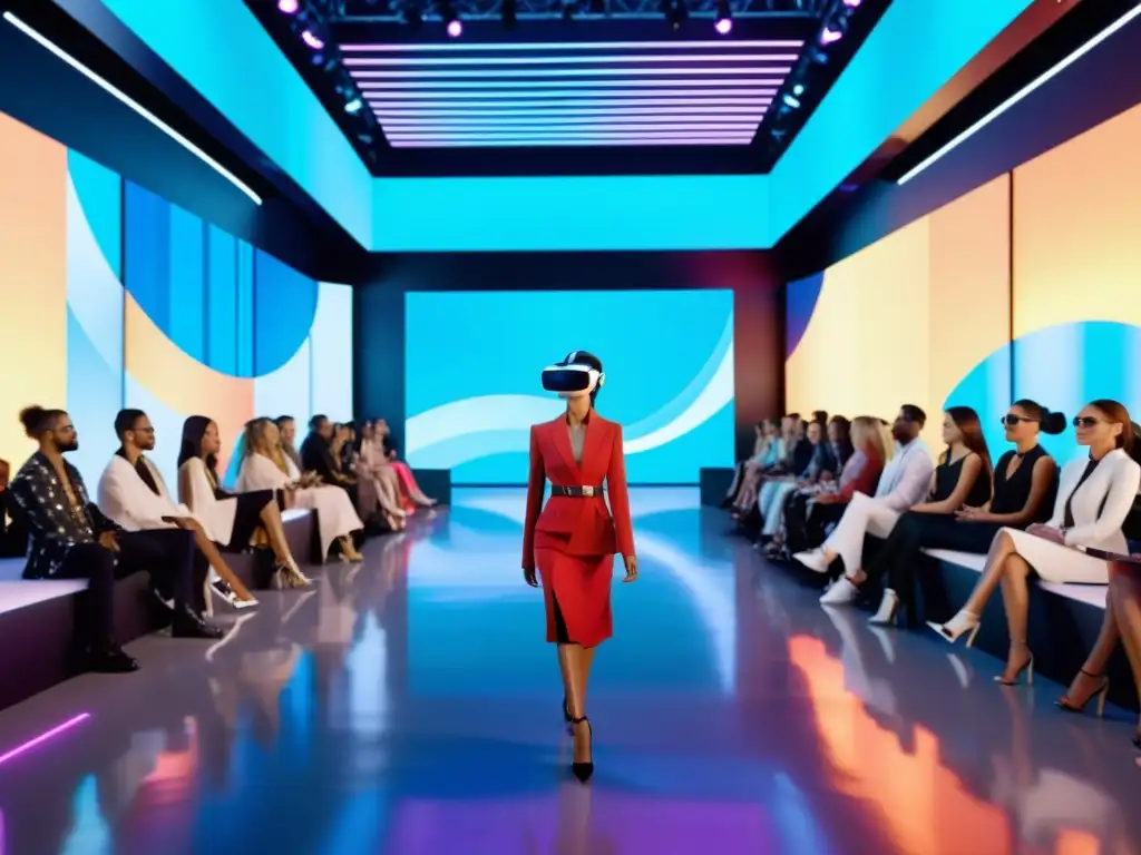 Desfile de moda virtual con diseño futurista y público inmerso en realidad virtual