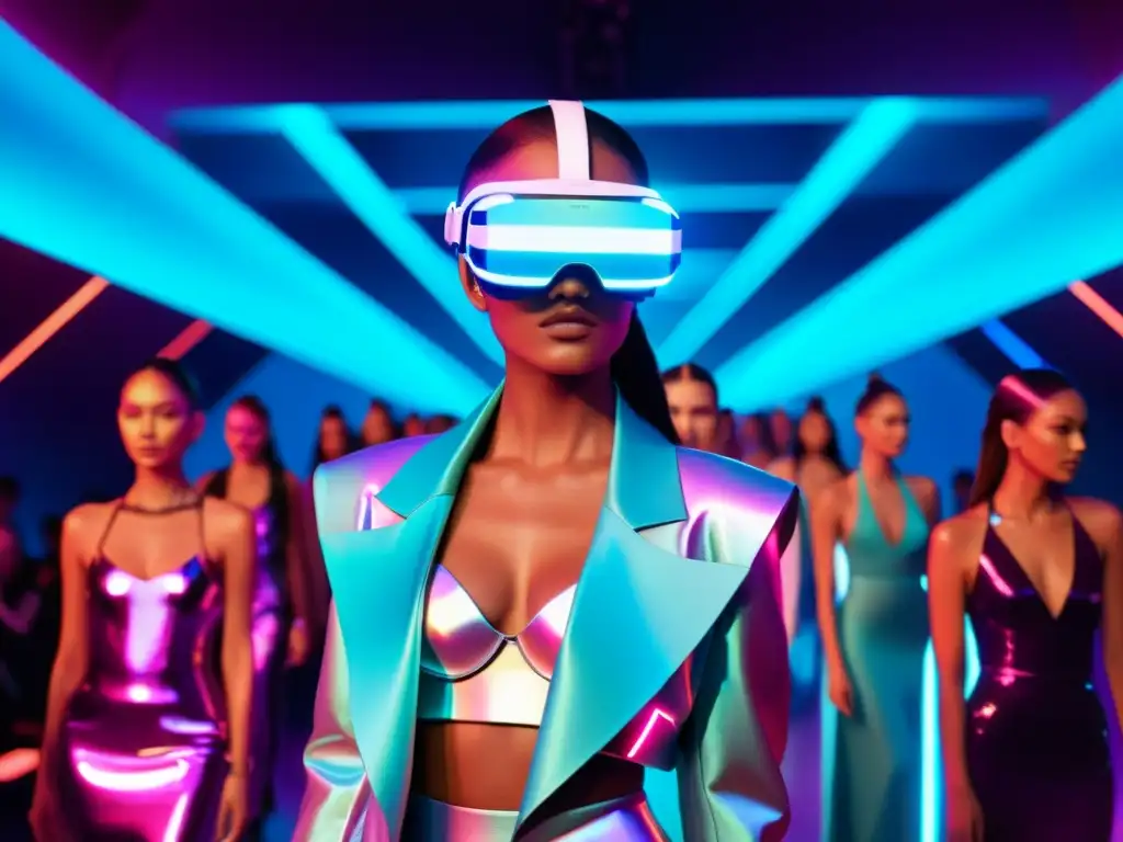 Desfile de moda virtual con modelos holográficos y espectáculo de luces neon