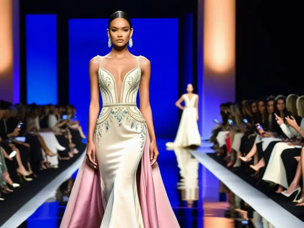 Desfile de modelos luciendo deslumbrantes paletas de colores alta costura en vestidos de alta costura en la pasarela