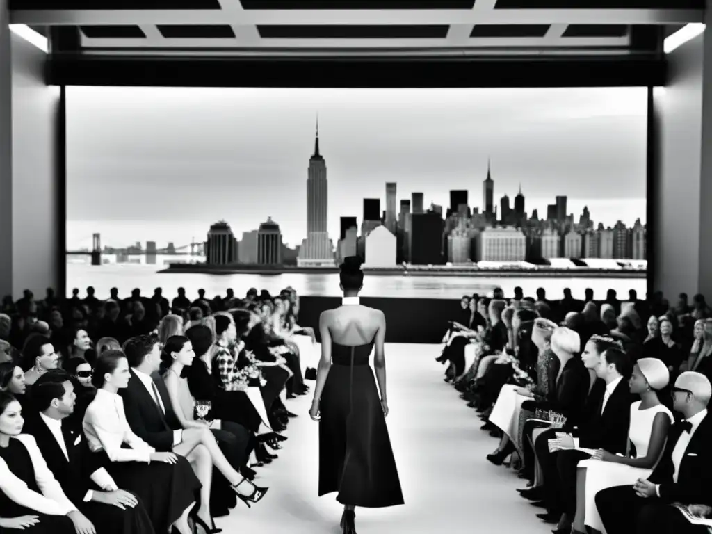 Desfile pionero de la Semana de la Moda de Nueva York con diseño elegante y vanguardista, capturando la evolución de la moda en Nueva York