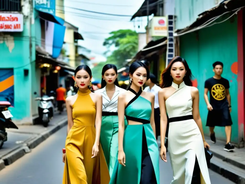 Desfiles de moda vanguardista en Vietnam en una bulliciosa calle de Ho Chi Minh City con diseños modernos y modelos seguros de sí mismos