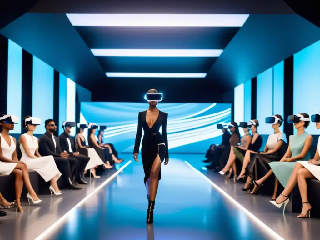 Desfiles de moda virtual impacto: Modelos en pasarela digital con diseño vanguardista, público inmerso en entorno futurista con VR