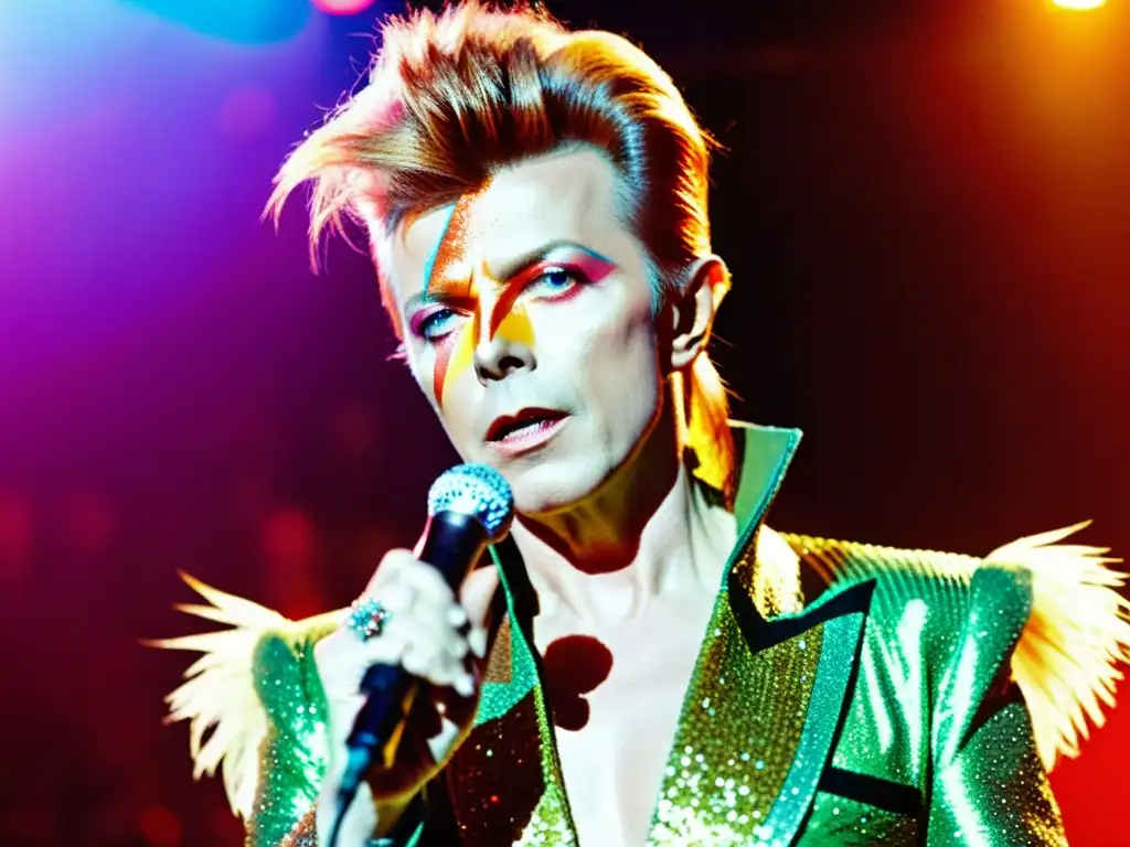 David Bowie en un deslumbrante atuendo de glam rock, irradiando confianza y desafío, capturando el impacto cultural del glam rock en moda