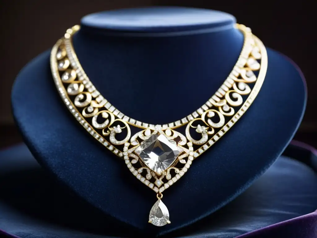 Deslumbrante collar de diamantes sobre cojín de terciopelo, con detalles intrincados y fondo dramático