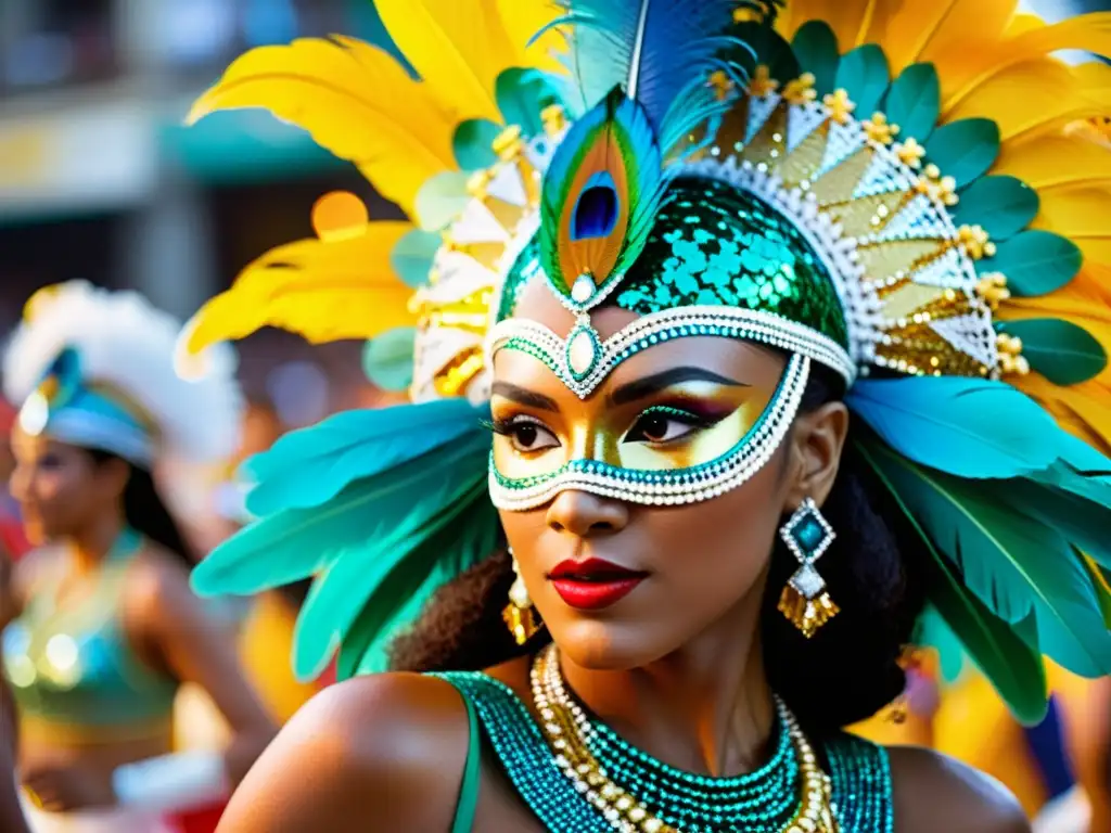 Deslumbrante desfile del Carnaval de Río de Janeiro, con trajes coloridos y elaborados de los bailarines de samba