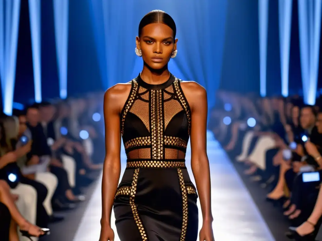 Un deslumbrante desfile de moda de Givenchy con un vestido negro elegante y detalles de encaje, reflejando la influencia del prêt-à-porter de Givenchy