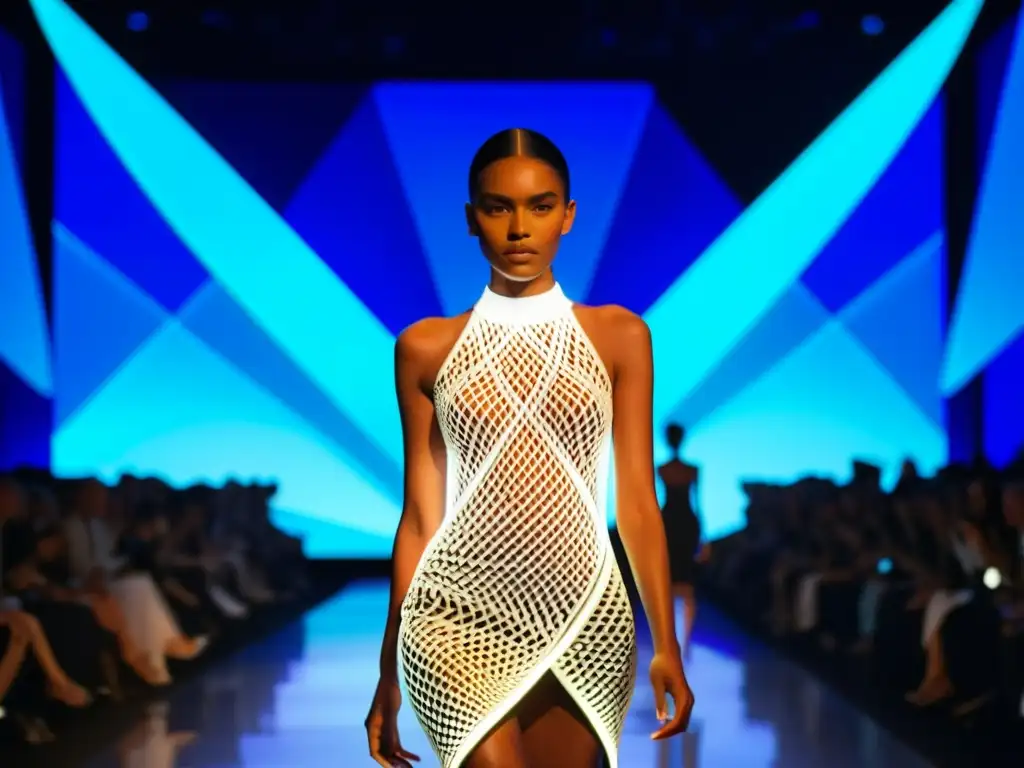 Deslumbrante desfile de moda con vestido 3D impreso y luces LED, fusionando innovaciones tecnológicas en la moda