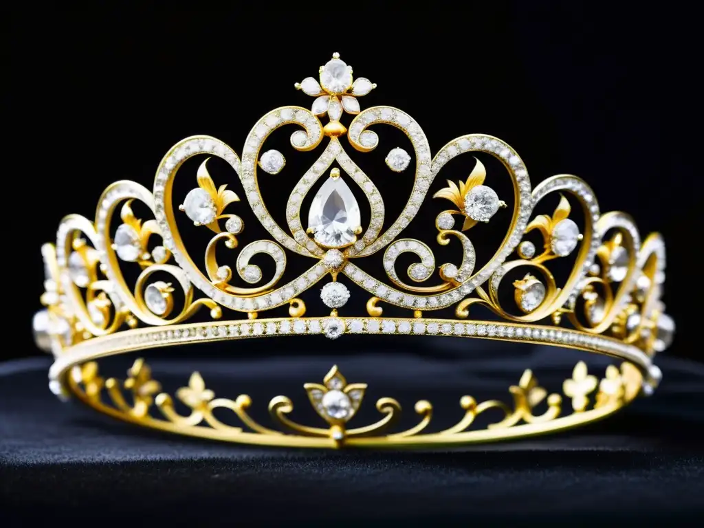 'Una deslumbrante tiara barroca de joyas en la corte europea, con exquisitos detalles de filigrana y motivos florales, sobre fondo de terciopelo negro