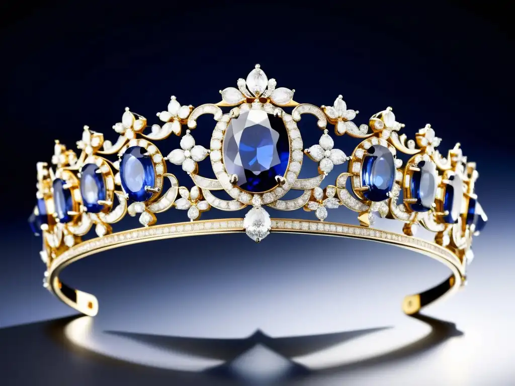 Tiara Cartier: Esplendor Real en Diamantes y Zafiros Deslumbrante tiara Cartier con detalles de diamantes y zafiros, reflejando la historia de las joyas de la corona Cartier