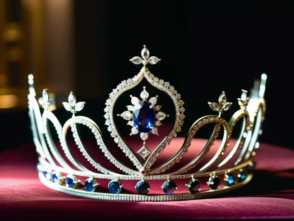 La deslumbrante tiara de la Duquesa de Windsor, resplandeciente con diamantes y gemas, exhibida en un museo tenue