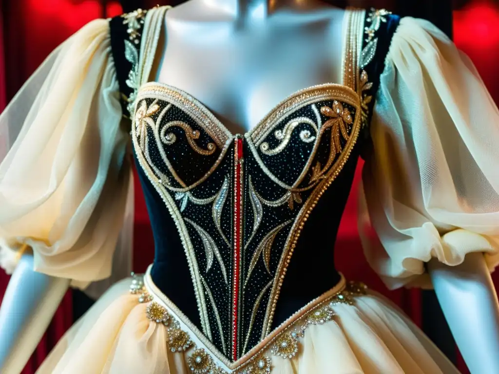 Deslumbrante vestido de alta costura del Moulin Rouge con detalles intrincados y brillo, exhibiendo opulencia y glamour