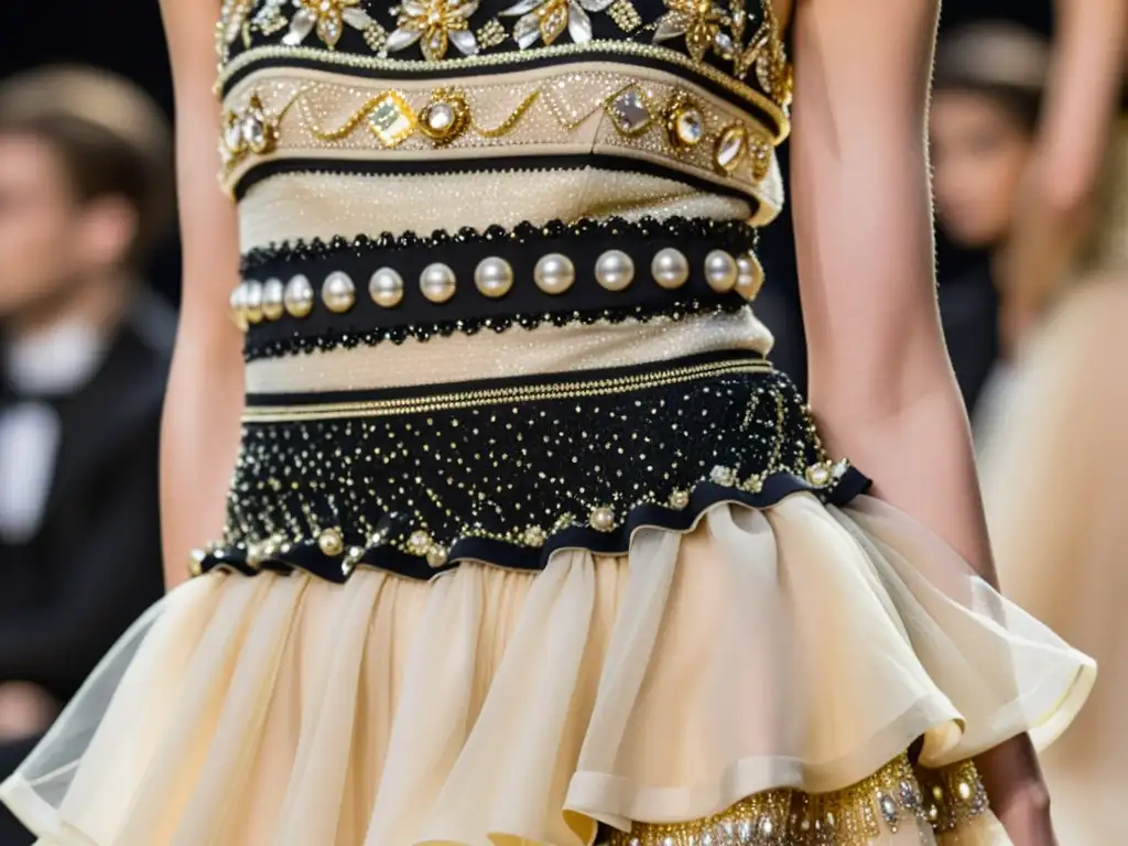 Espectacular vestido de alta costura de Chanel: elegancia y opulencia Deslumbrante vestido de alta costura de Chanel en tonos de oro, negro y marfil