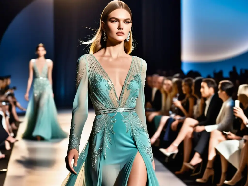 Deslumbrante vestido de noche Elie Saab en pasarela, con detalles de encaje e intrincados bordados, exhibiendo elegancia y sofisticación