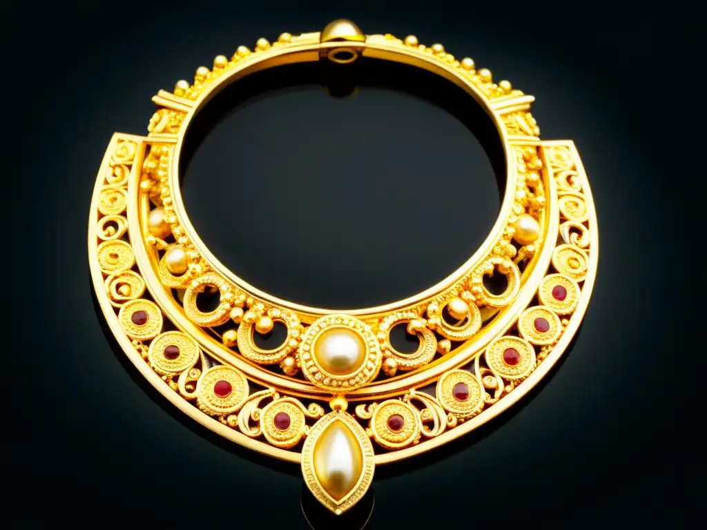 Deslumbrantes joyas precolombinas, con detalles filigrana y diseños ornamentados en oro, resaltados en un fondo oscuro