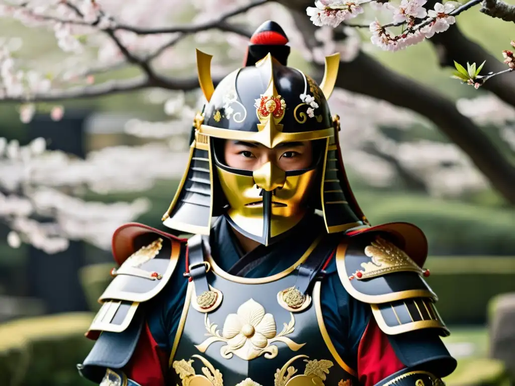 Armadura samurái: fuerza y belleza en el jardín japonés Detallada armadura samurái en jardín japonés con influencia samurái en la moda