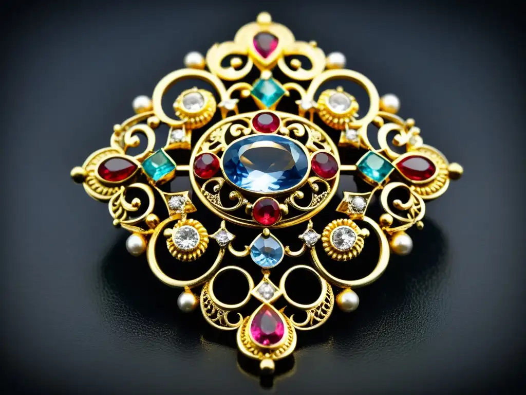 Una fotografía detallada de un broche antiguo, con filigranas y gemas brillantes sobre terciopelo oscuro