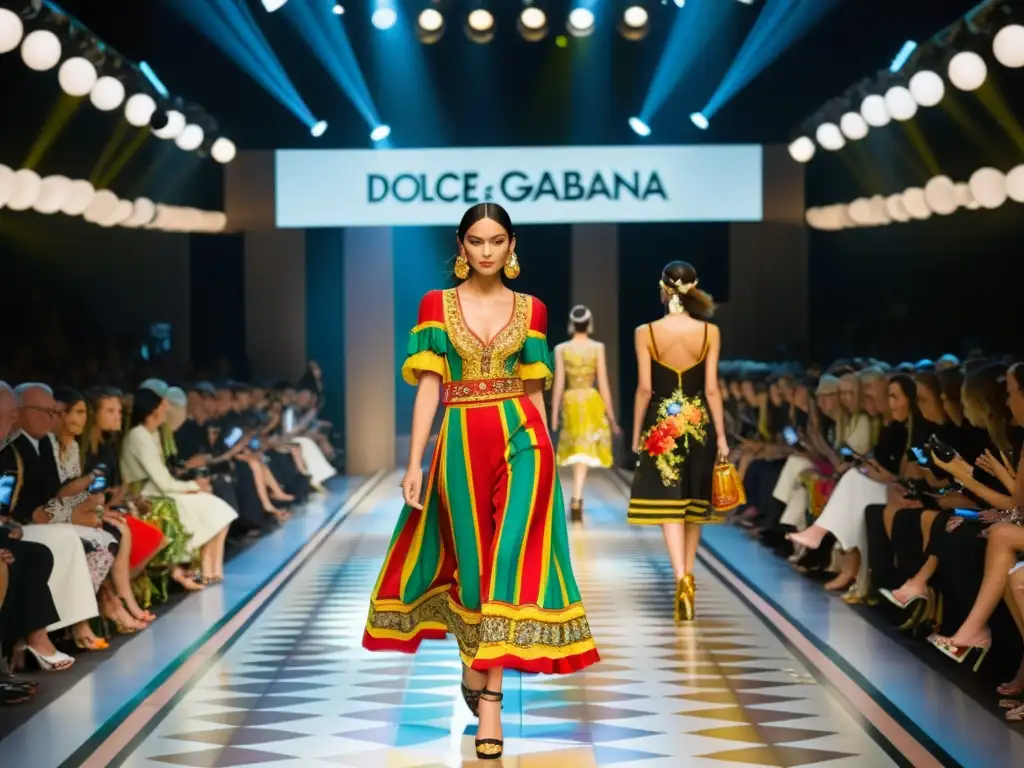 Fotografía detallada de un desfile de moda de Dolce & Gabbana, mostrando el impacto cultural de la marca y la elegancia de los modelos