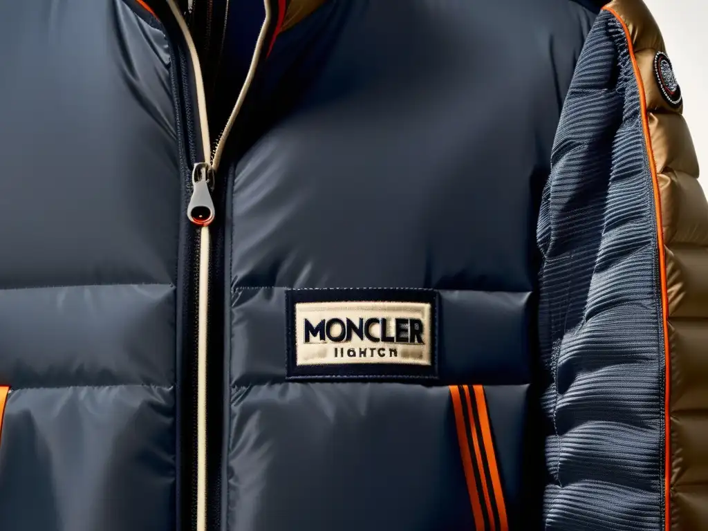 Detallada imagen de la chaqueta Moncler alta moda tecnología, fusionando artesanía y tecnología, con precisión en la costura y textura innovadora