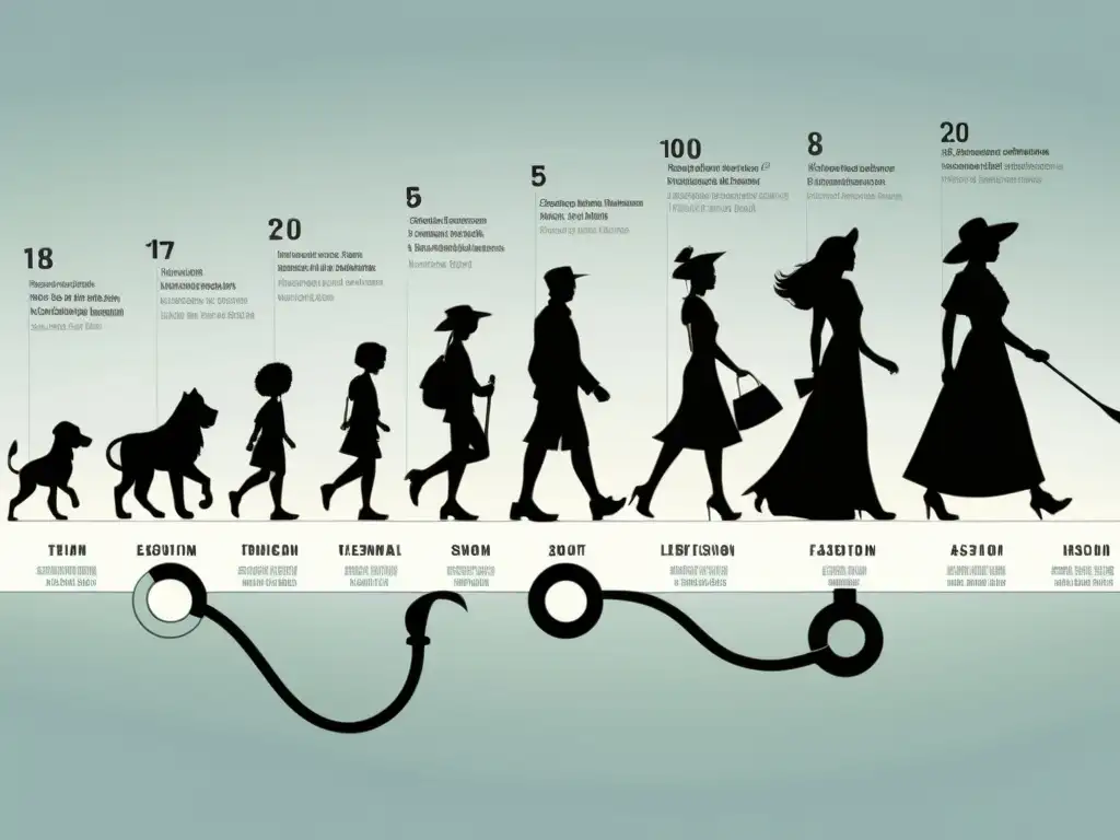 Una detallada imagen de una línea de tiempo que muestra la evolución de la moda y los estilos de ropa a lo largo de diferentes períodos históricos, desde civilizaciones antiguas hasta tiempos modernos