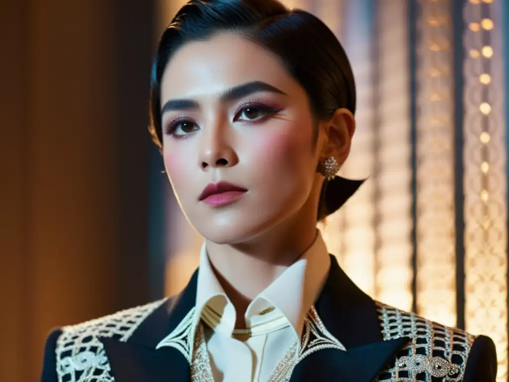 Detallada imagen de un personaje con estética andrógina en cine y televisión, destacando su vestuario y maquillaje