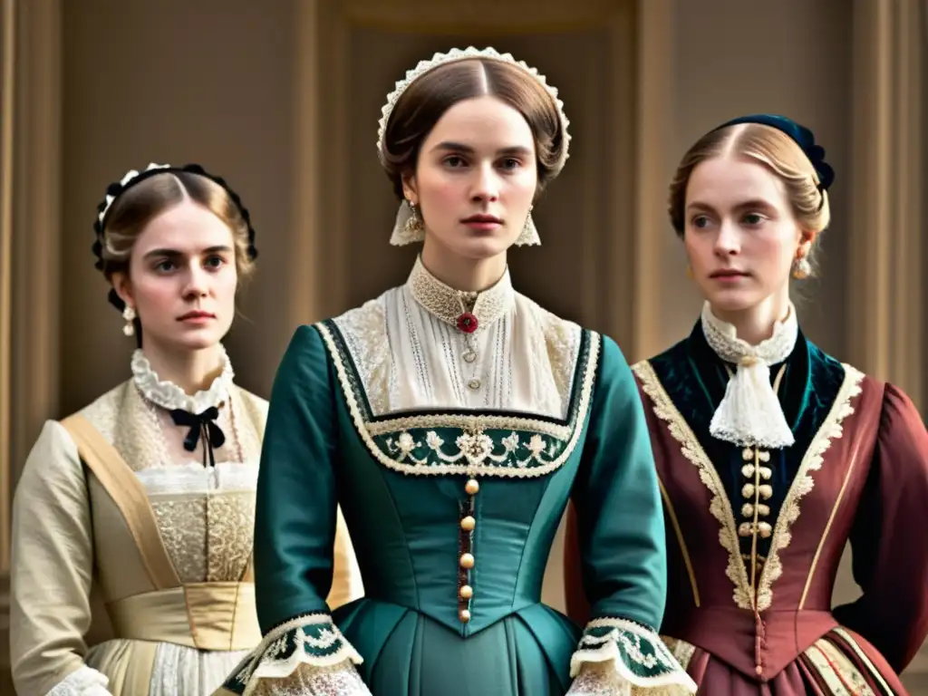 Detallada imagen de personajes de novelas Brontë vistiendo moda victoriana, destacando el impacto cultural de la moda en las obras