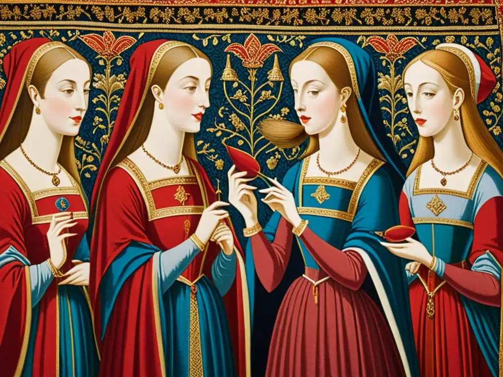 Detallada imagen de un tapiz medieval que muestra mujeres aplicando carmín, resaltando la riqueza cultural e histórica del carmín en la moda