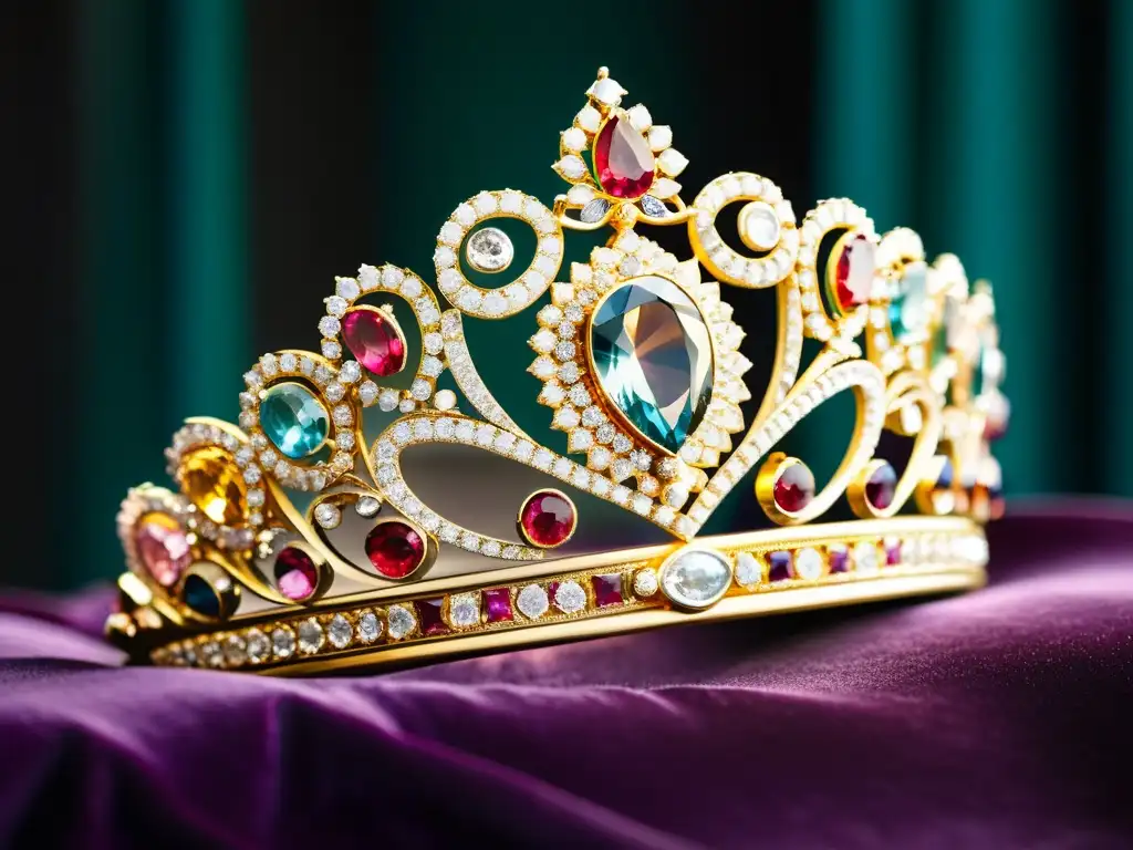 Detallada imagen de una tiara real con gemas brillantes y metal delicado, evocando historia, lujo y sofisticación en la moda de la realeza