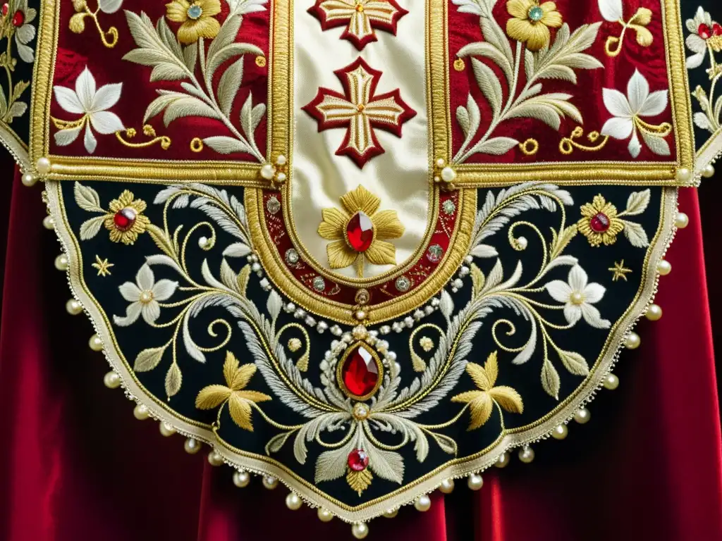 Detallada moda eclesiástica en el Barroco: chasuble bordada en rojo y oro, con gemas y perlas, sobre terciopelo oscuro