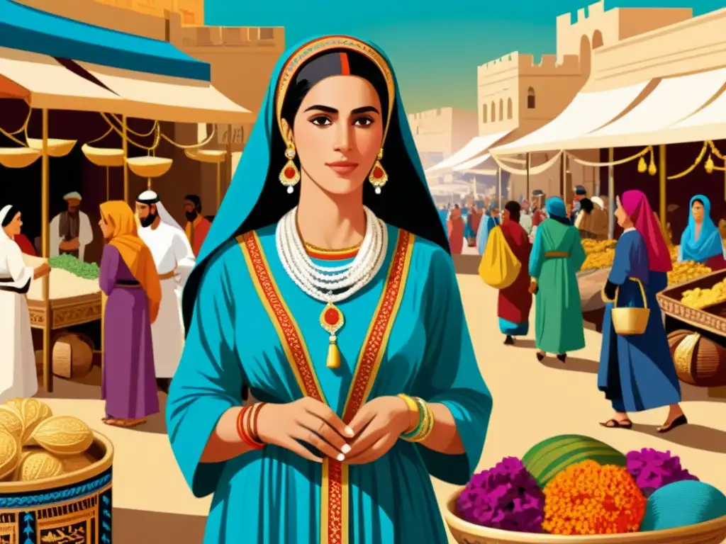 Una detallada ilustración de una mujer en el antiguo Israel con vestimentas tradicionales, en un bullicioso mercado