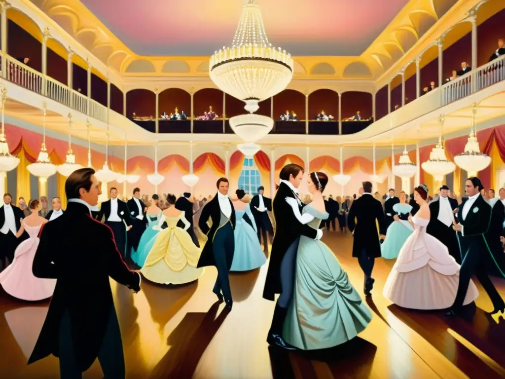 Una detallada pintura al óleo de una escena de salón de baile de la época de la Regencia que capta la opulencia y elegancia de la moda descrita en 'Emma' de Jane Austen